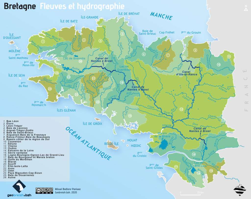 Carte cours d'eau, fleuves en bretagne